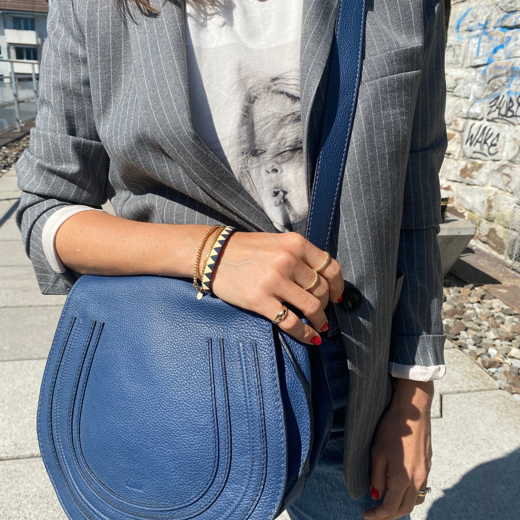 MARCIE Medium Leather Shoulder Bag in Royal Navy