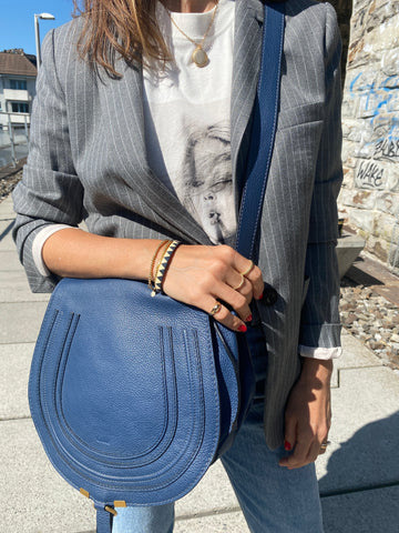 MARCIE Medium Leather Shoulder Bag in Royal Navy