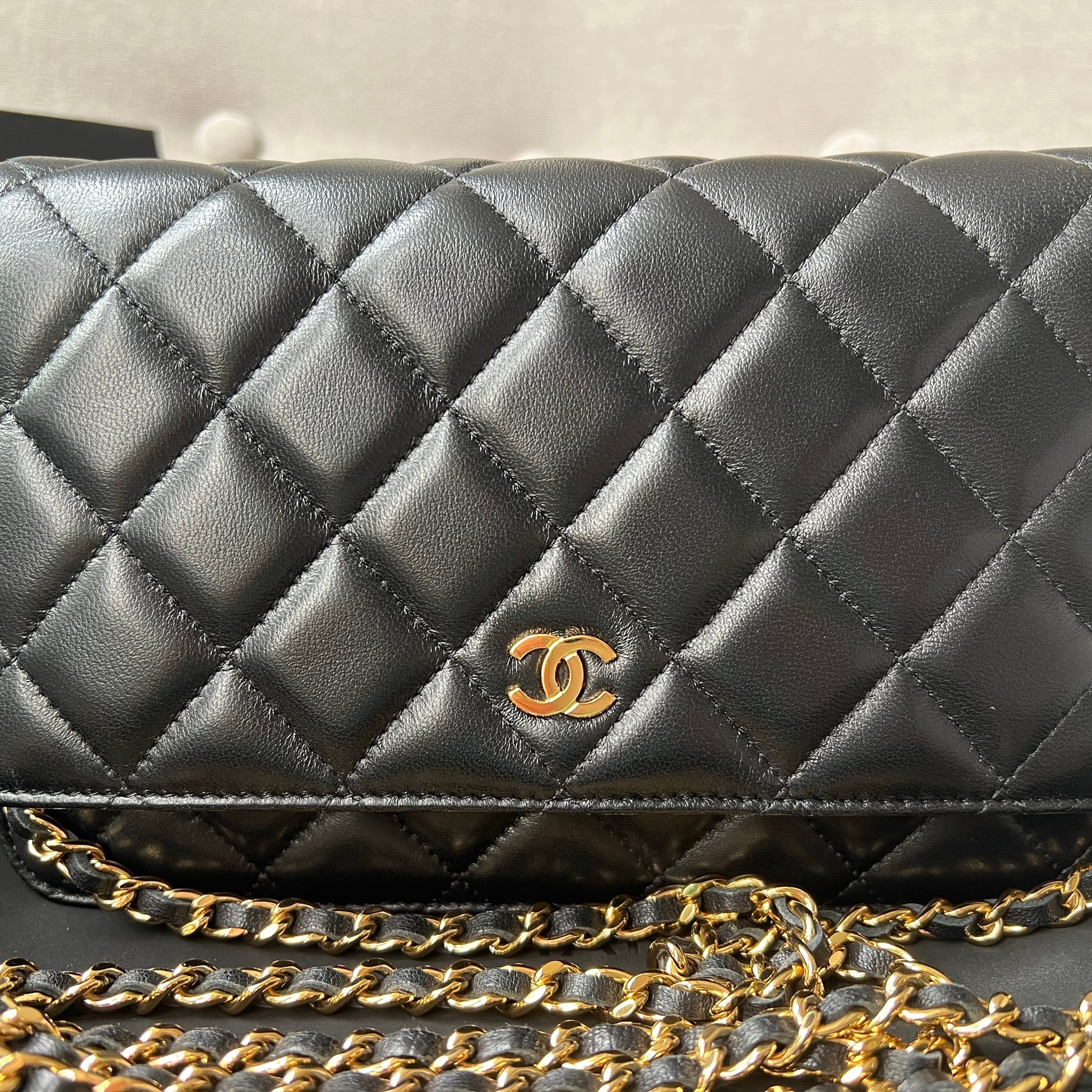 Chanel Black Lambskin Wallet on Chain with gold hardware