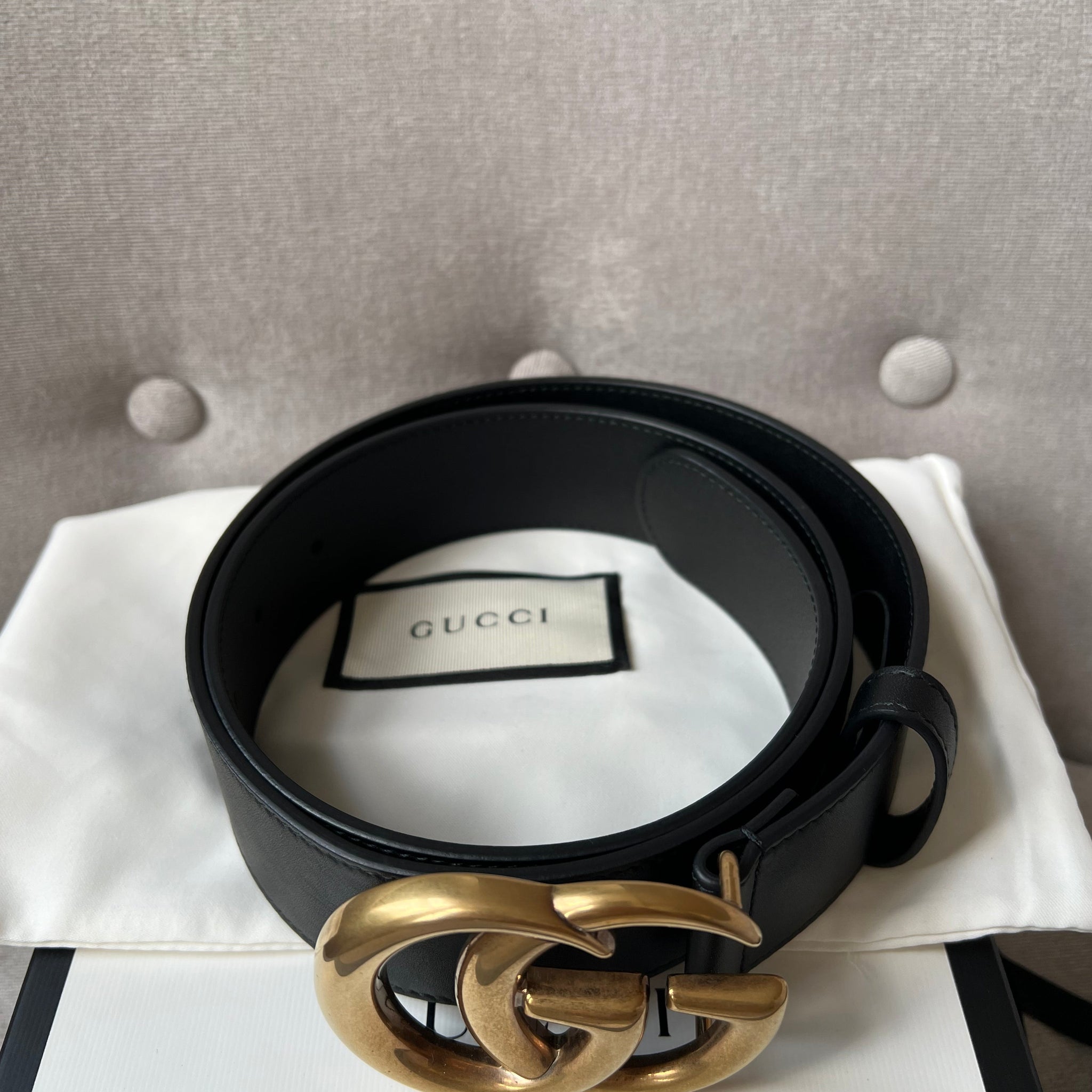 Gucci GG Marmont Black Leather Belt with Gold Buckle