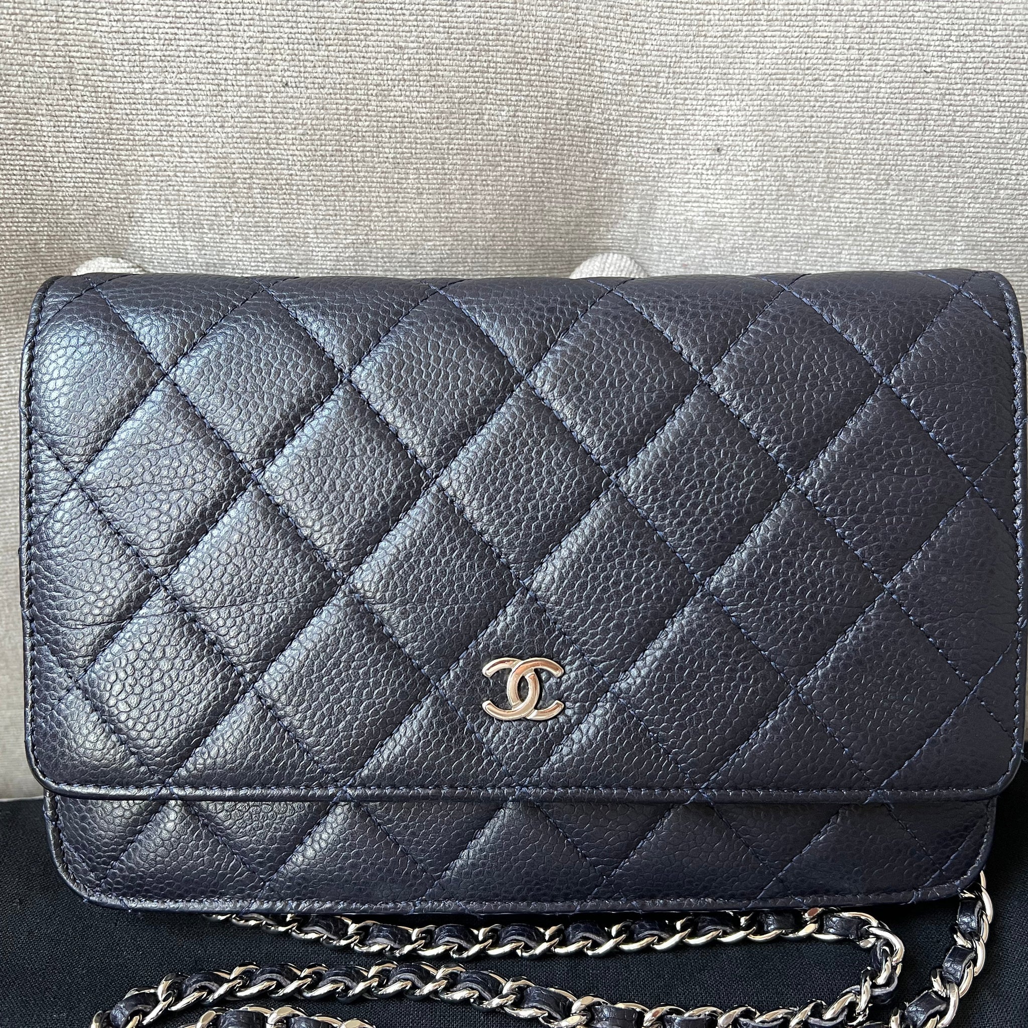 Chanel Navy Caviar Wallet on Chain With Silver Hardware