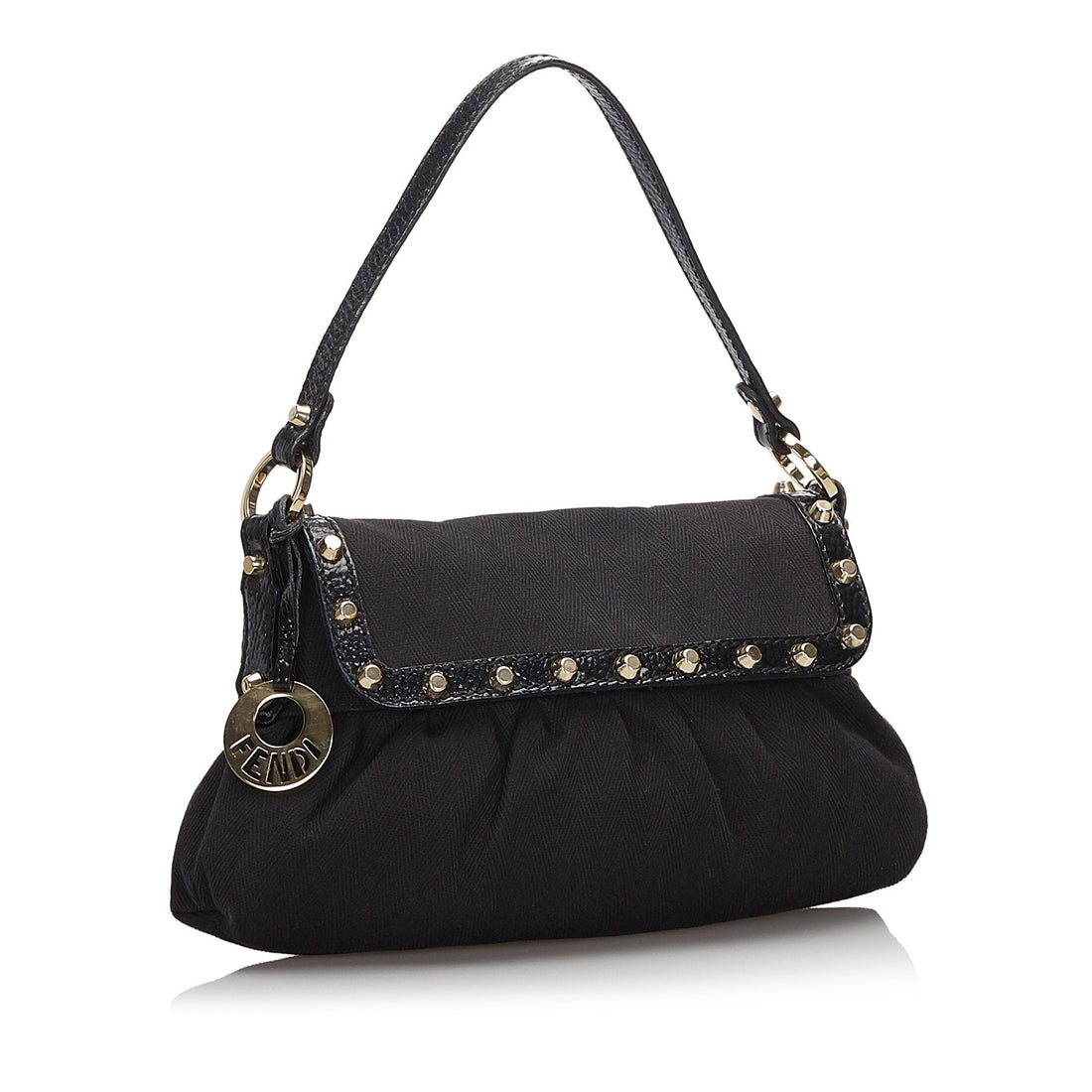 Fendi Black Canvas Fabric Studded Chef Shoulder Bag Italy