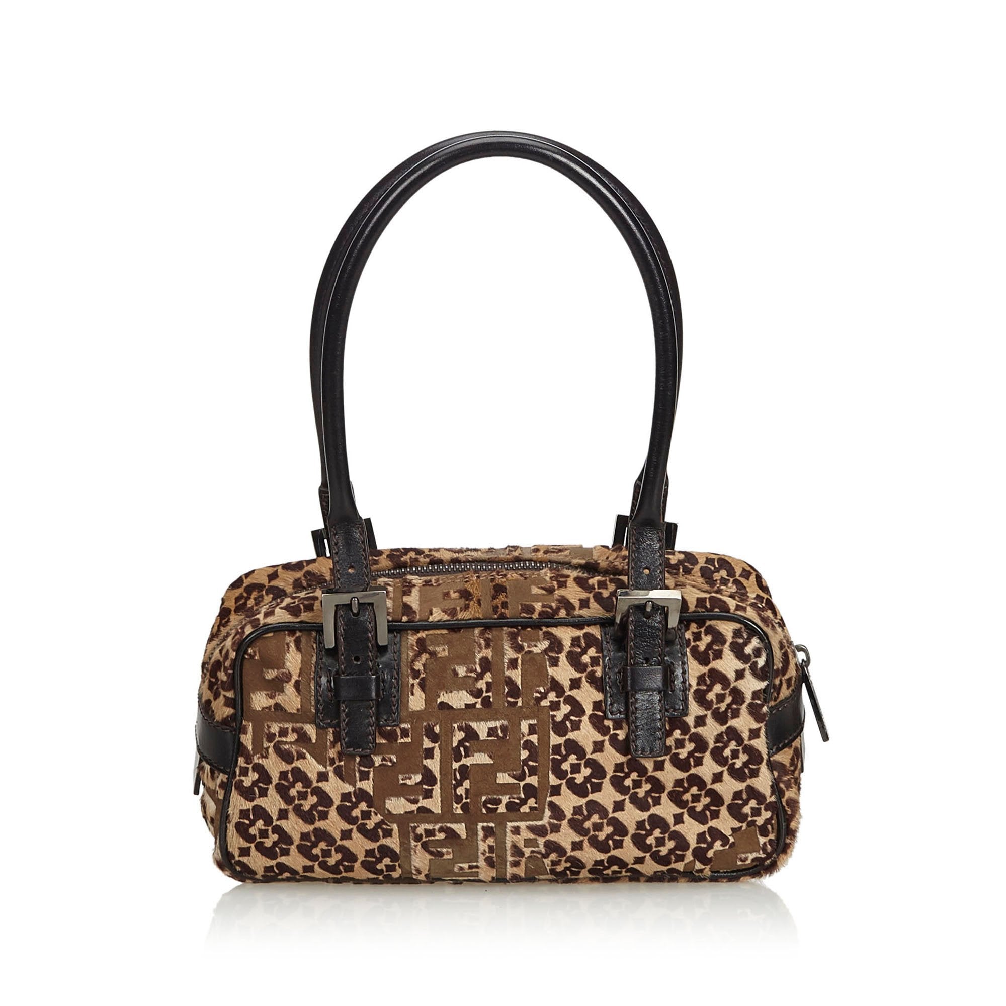 Fendi Brown Beige Pony Hair Natural Material Zucca Handbag Italy