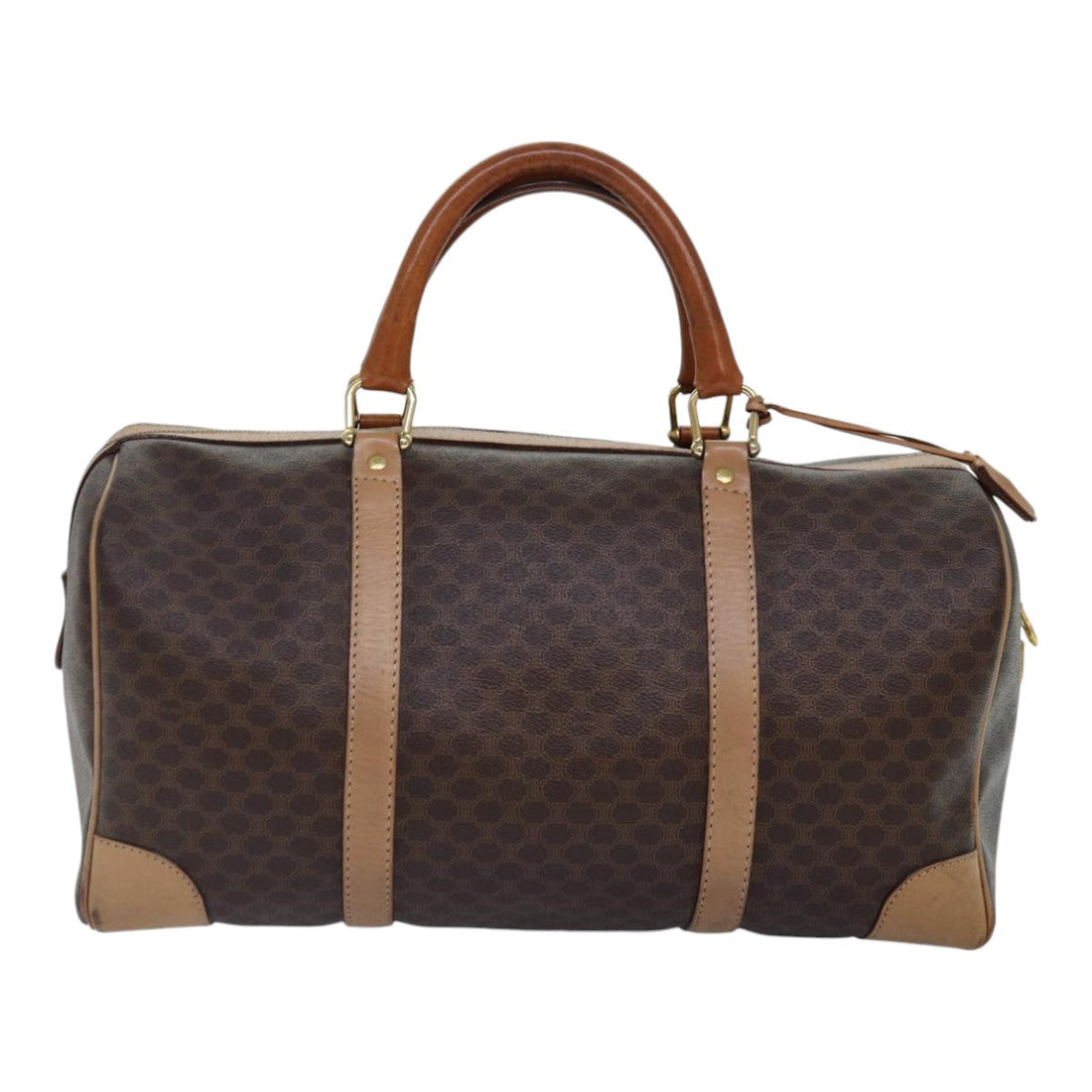 CELINE Macadam Canvas Boston Bag PVC Leather Brown Gold Auth ki4891