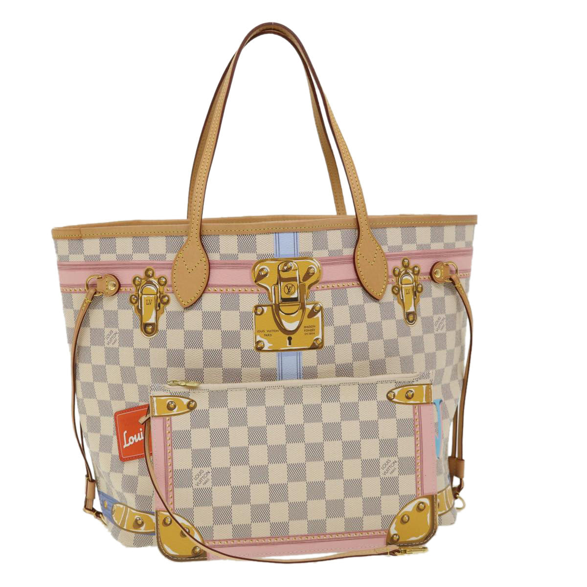 LOUIS VUITTON Damier Azur Summer Trunk Neverfull MM Hand Bag N41065 Auth 67494S