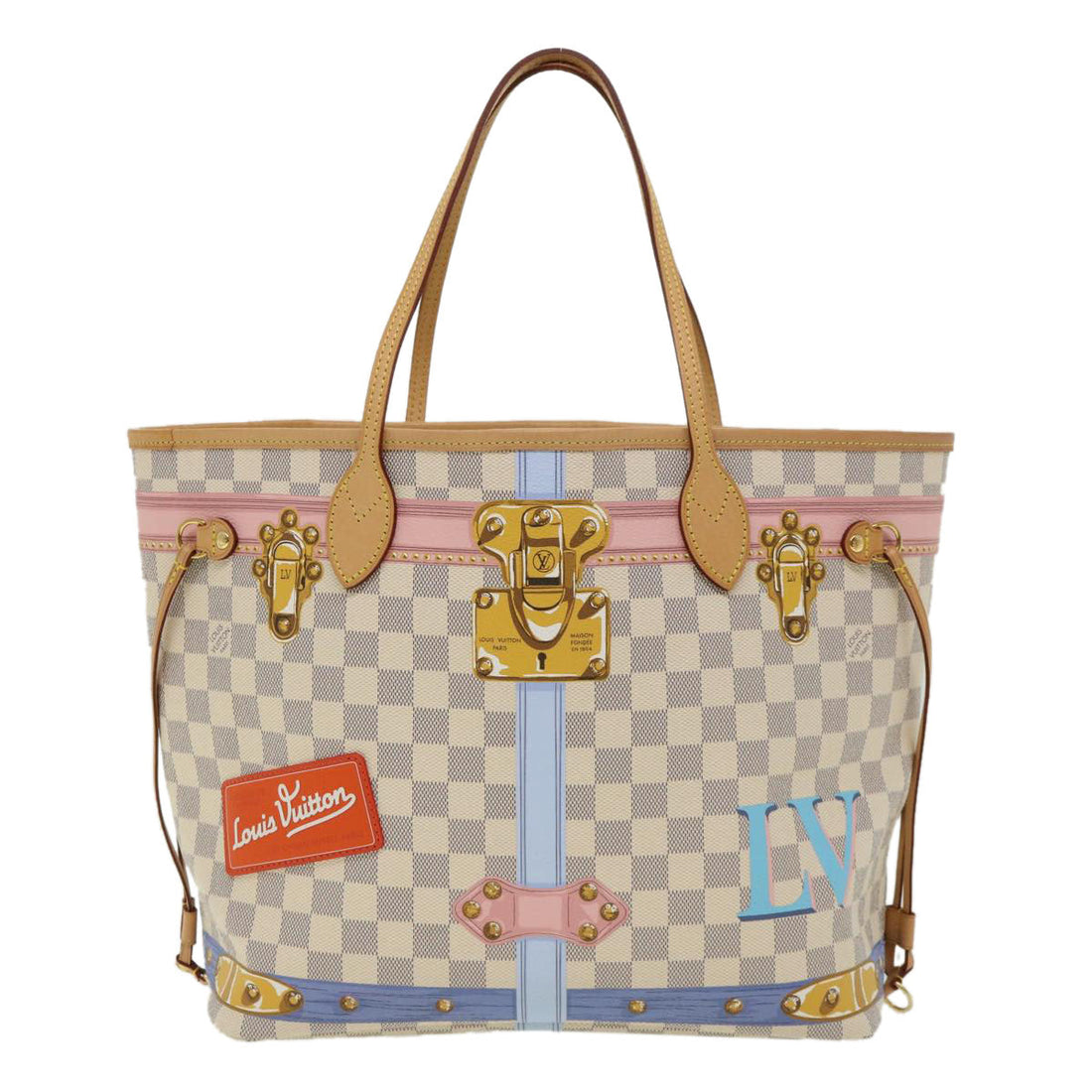 LOUIS VUITTON Damier Azur Summer Trunk Neverfull MM Hand Bag N41065 Auth 67494S