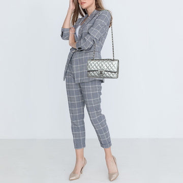 CHANEL Silver Quilted Caviar Leather Medium Classic Double Flap Bag