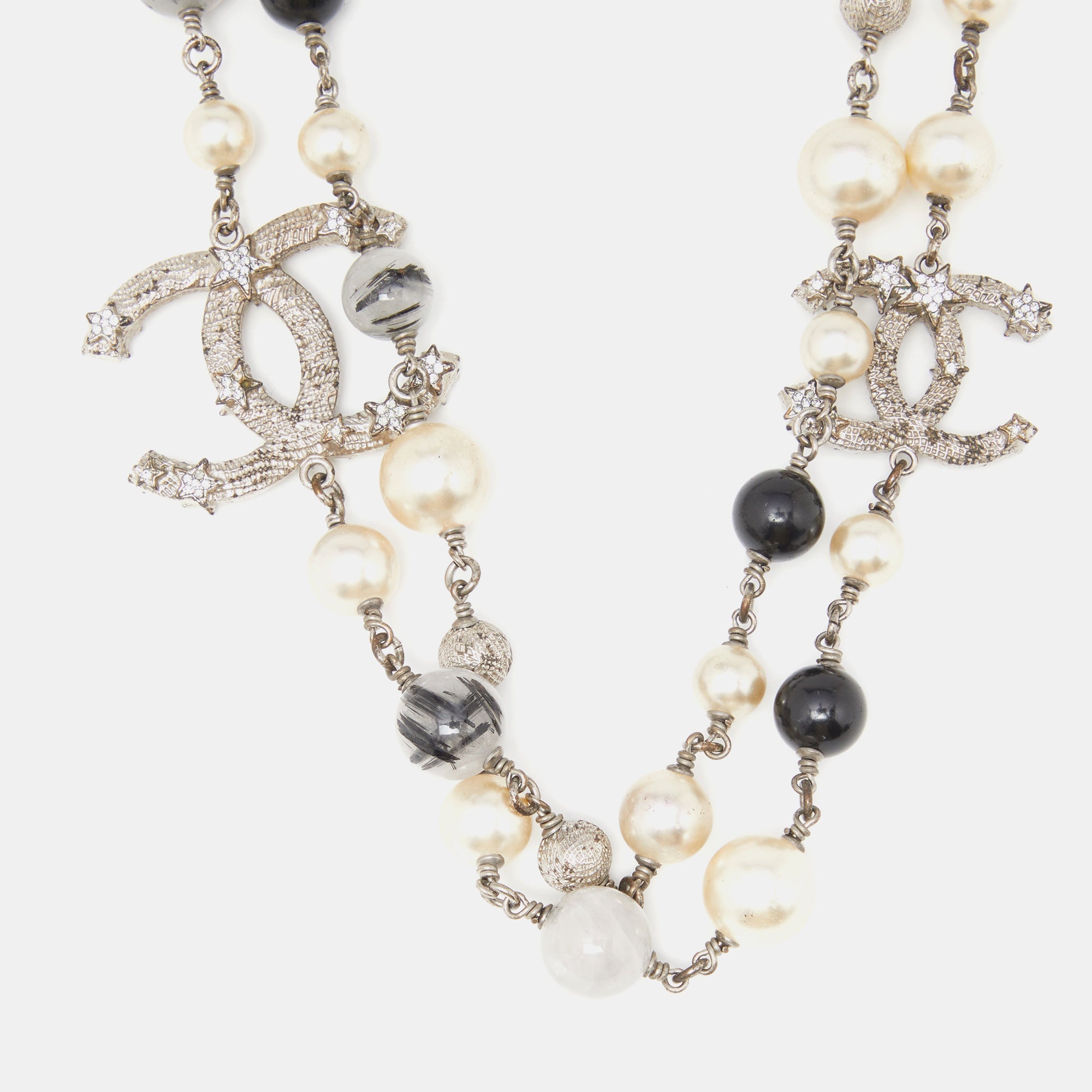 CHANEL Silver Tone Faux Pearl & Beaded Star CC Long Necklace