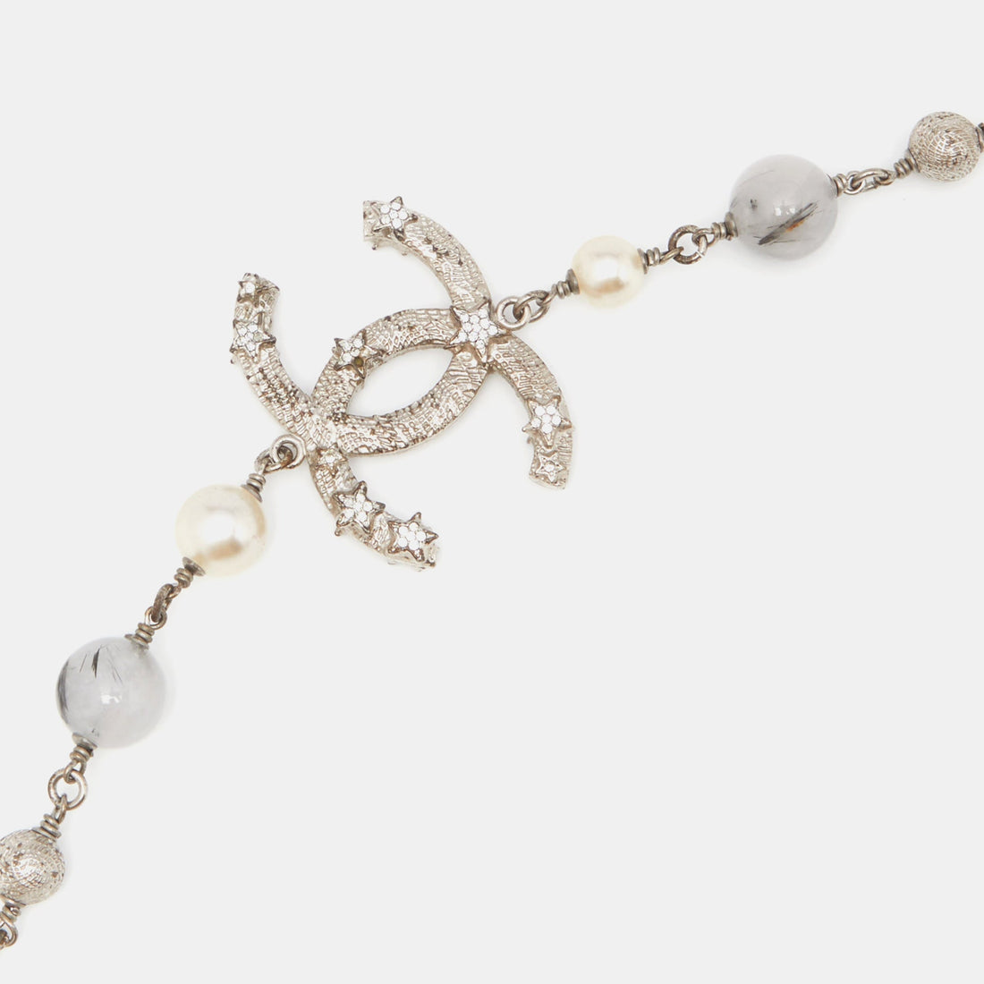 CHANEL Silver Tone Faux Pearl & Beaded Star CC Long Necklace
