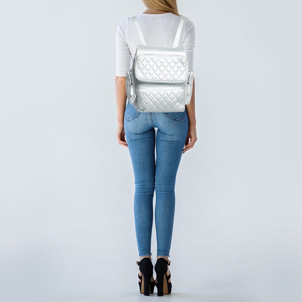 CHANEL Silver Quilted Leather Casual Rock Airline Backpack