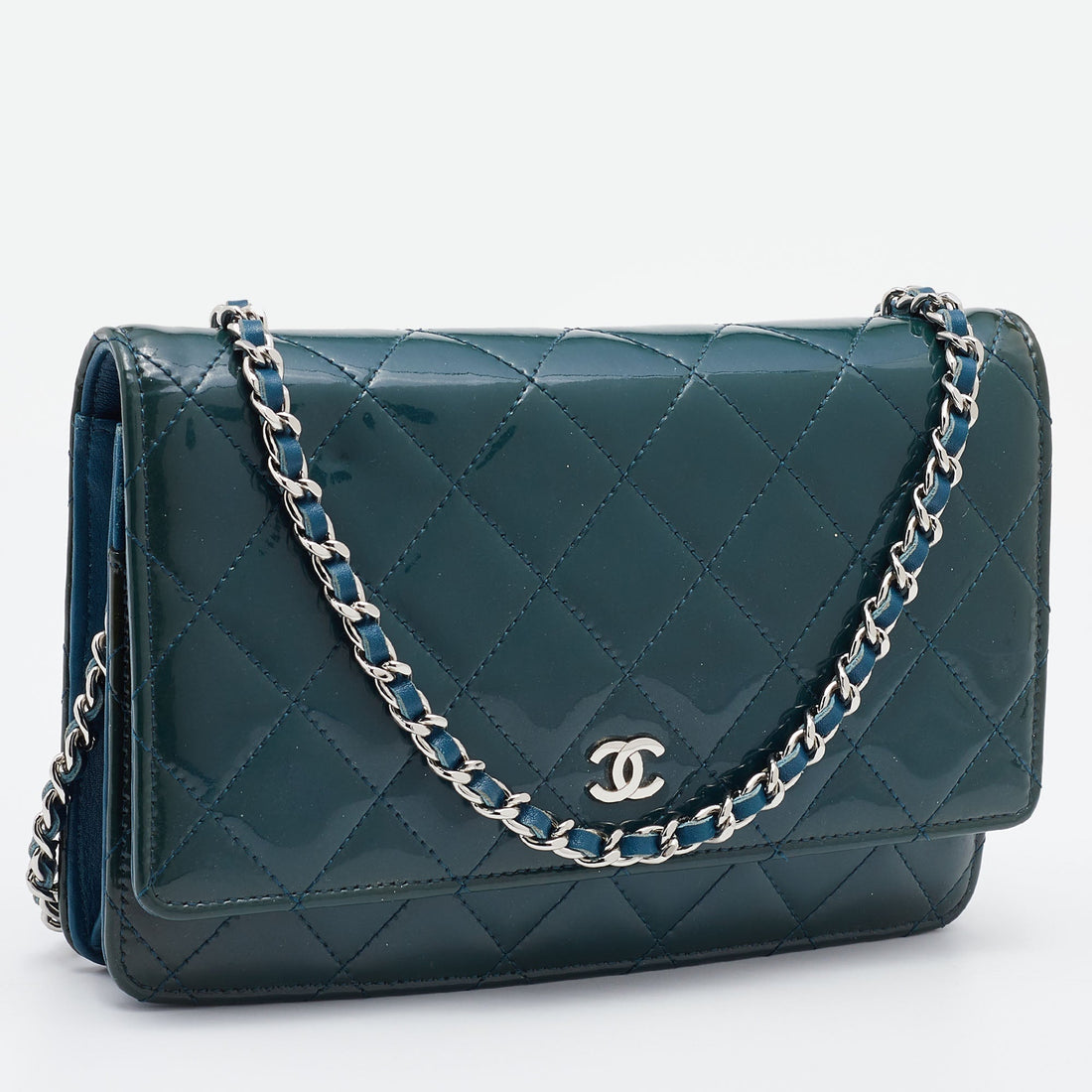 Chanel Teal Blue Quilted Patent Leather WOC Clutch