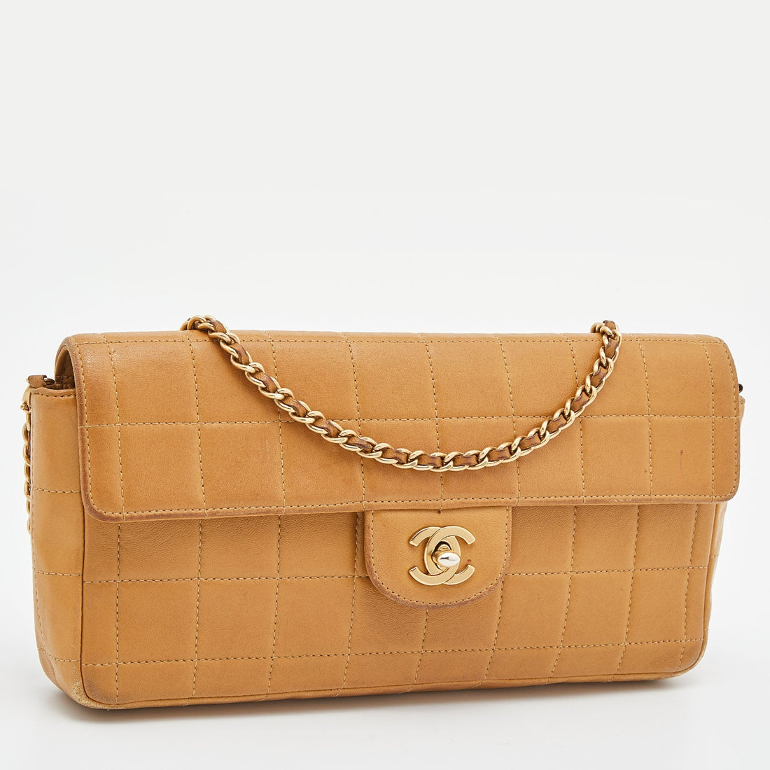 CHANEL Beige Chocolate Bar Quilted Leather East West Flap Bag