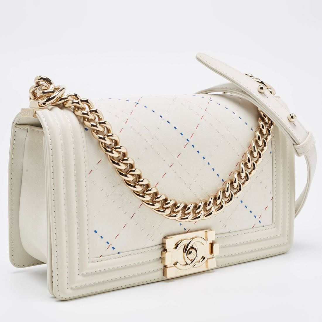 CHANEL White Stitch Quilted Leather Medium Boy Flap Bag