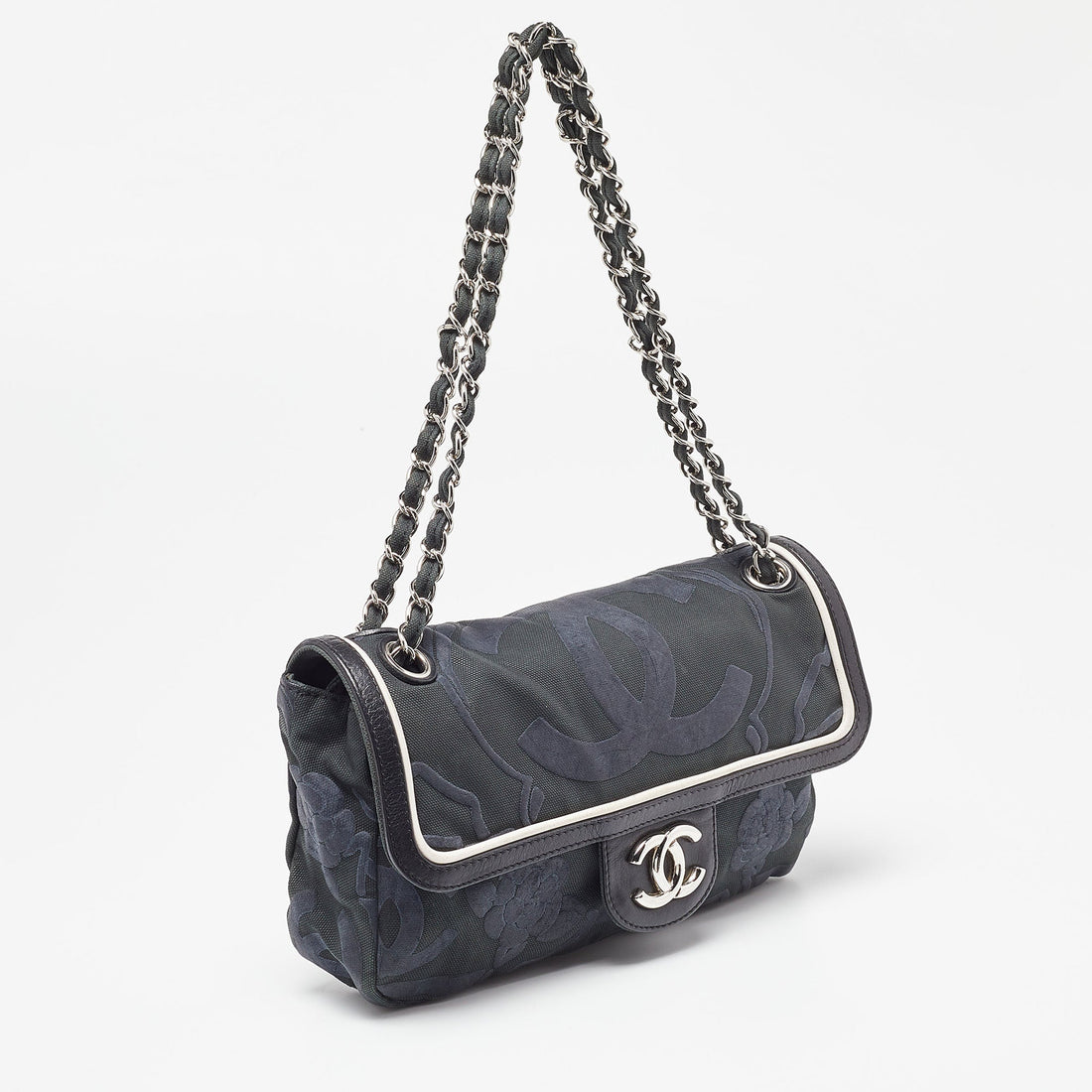 CHANEL Tri Color CC Logo Camellia Embossed Canvas and Leather East West Flap Bag