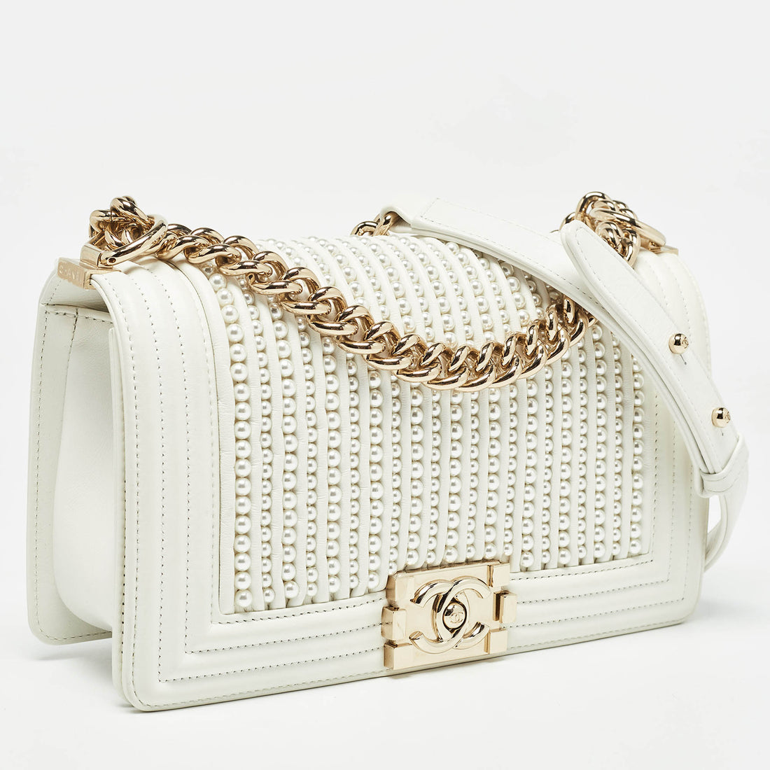 CHANEL White Pearl Embellished Leather Medium Boy Flap Bag