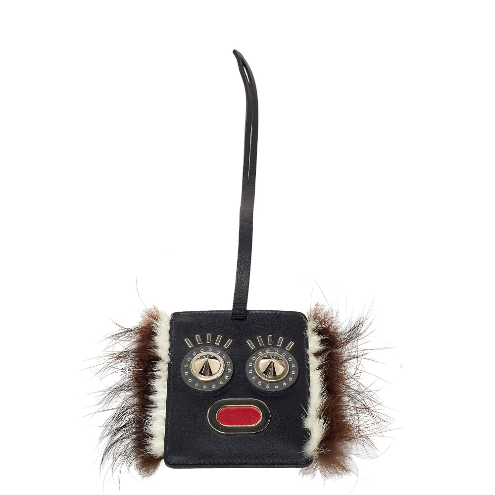 FENDI Black Leather Studded Monster Luggage Charm