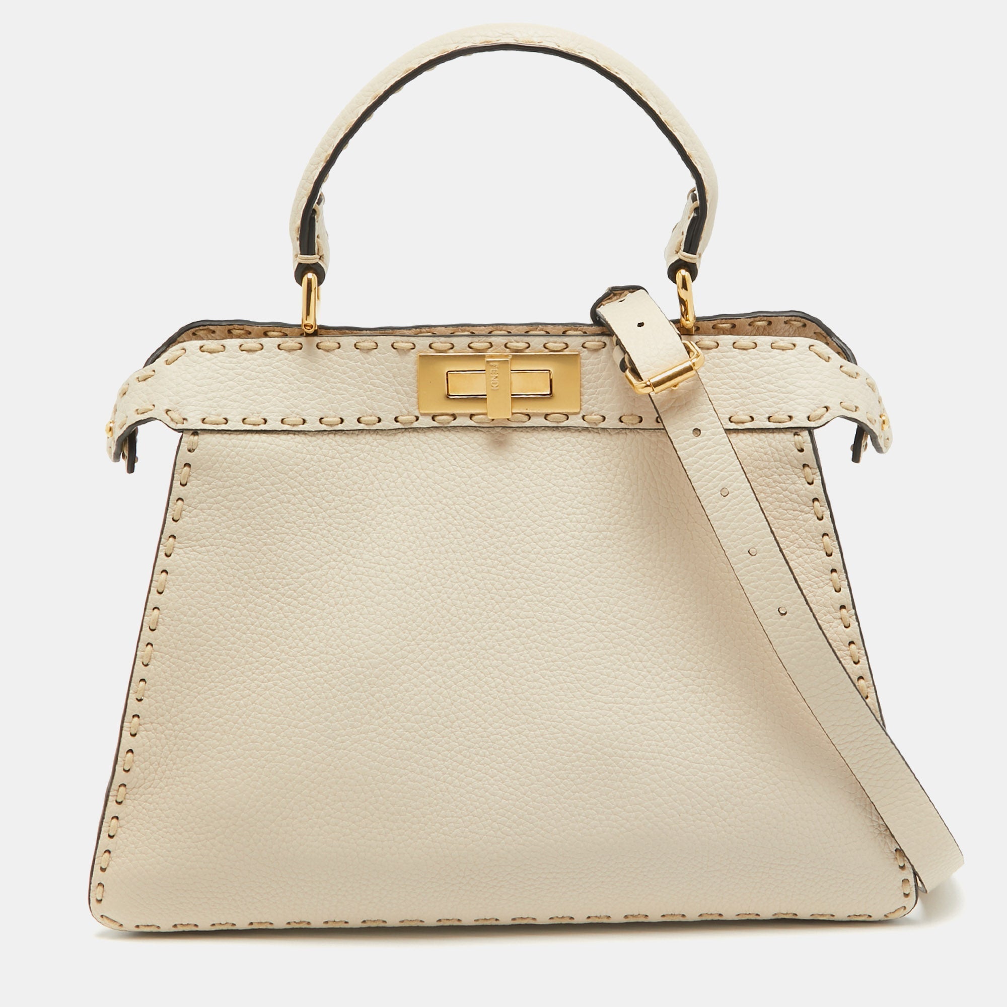 FENDI Cream Selleria Leather Medium Peekaboo ISeeU Top Handle Bag