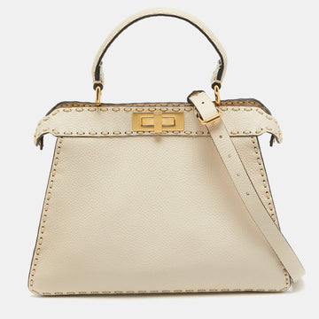 FENDI Cream Selleria Leather Medium Peekaboo ISeeU Top Handle Bag