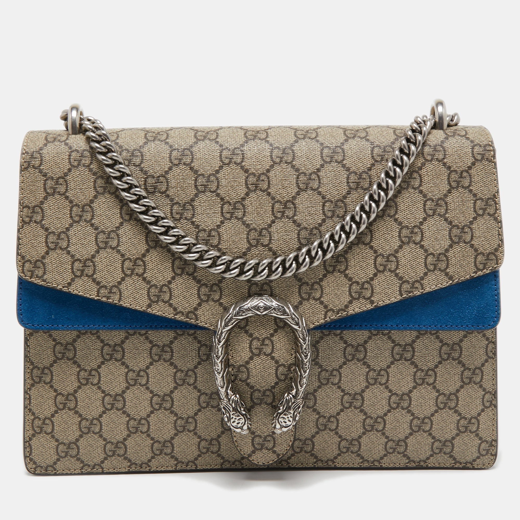 Gucci Beige/Blue GG Supreme Canvas and Suede Medium Dionysus Shoulder Bag