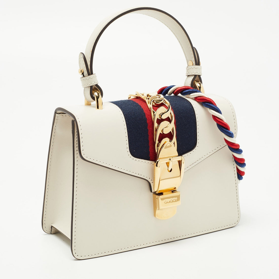GUCCI White Leather Mini Web Sylvie Top Handle Bag