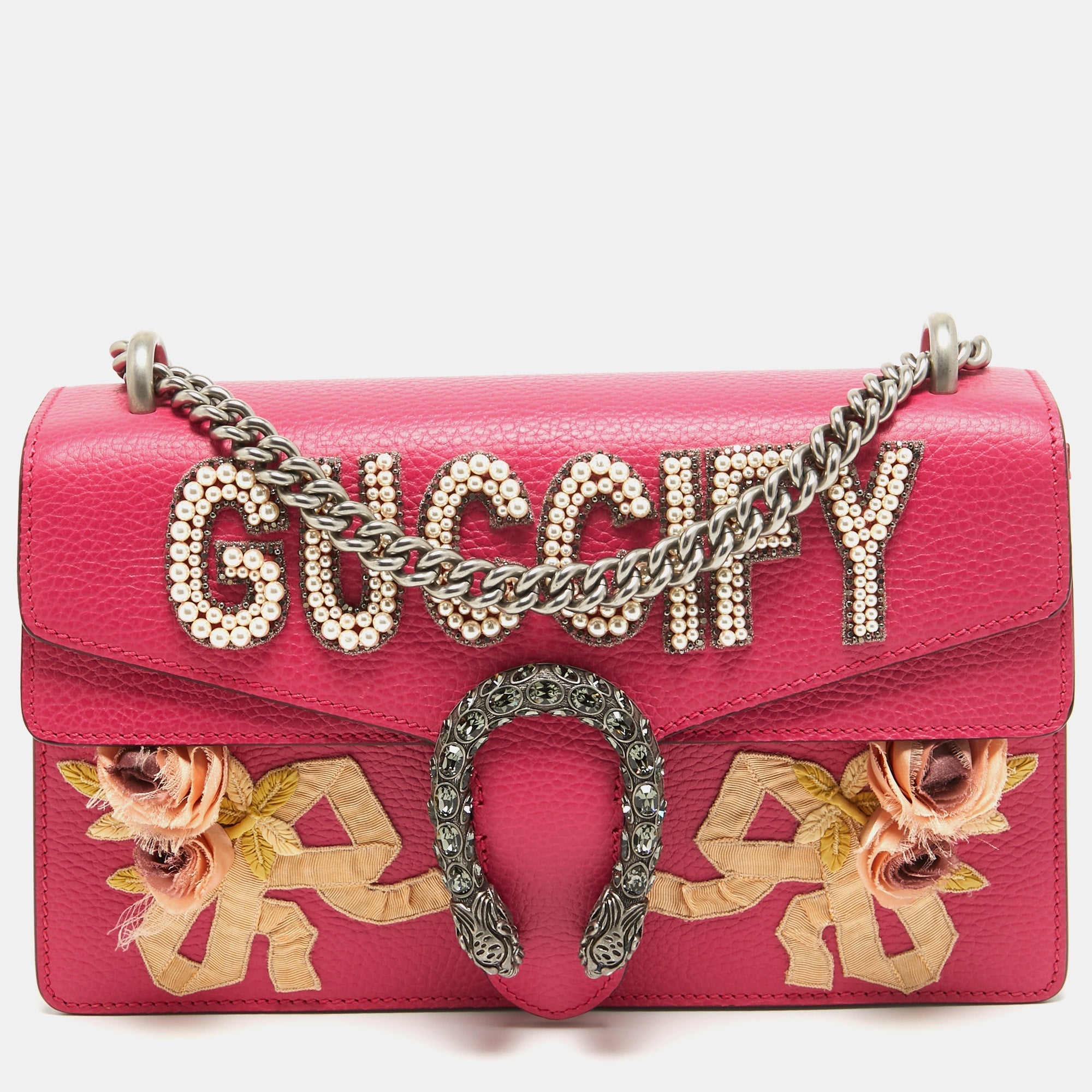 GUCCI Magenta Leather Small fy Pearl Embellished Dionysus Shoulder Bag