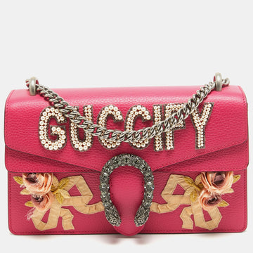 GUCCI Magenta Leather Small fy Pearl Embellished Dionysus Shoulder Bag