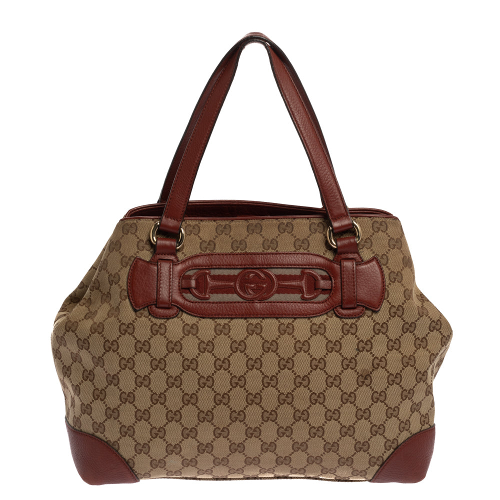 Gucci Beige/Red GG Canvas and Leather Medium Supreme Web Dressage Tote