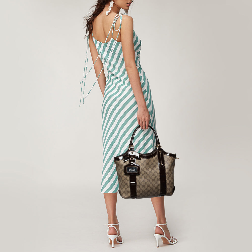 Gucci Beige/Brown GG Supreme Coated Canvas And Patent Leather Bow Mirror Sukey Tote