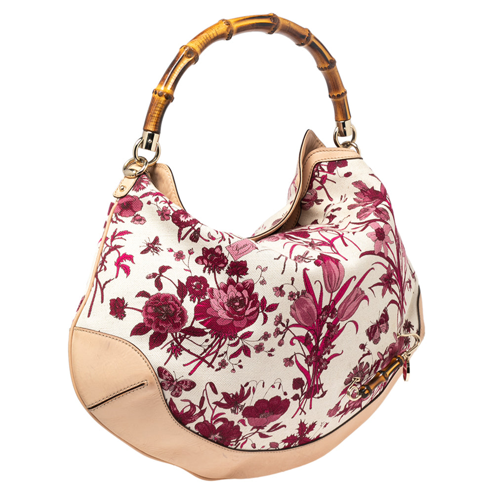 Gucci White/Pink Floral Canvas and Leather Peggy Bamboo Handle Hobo