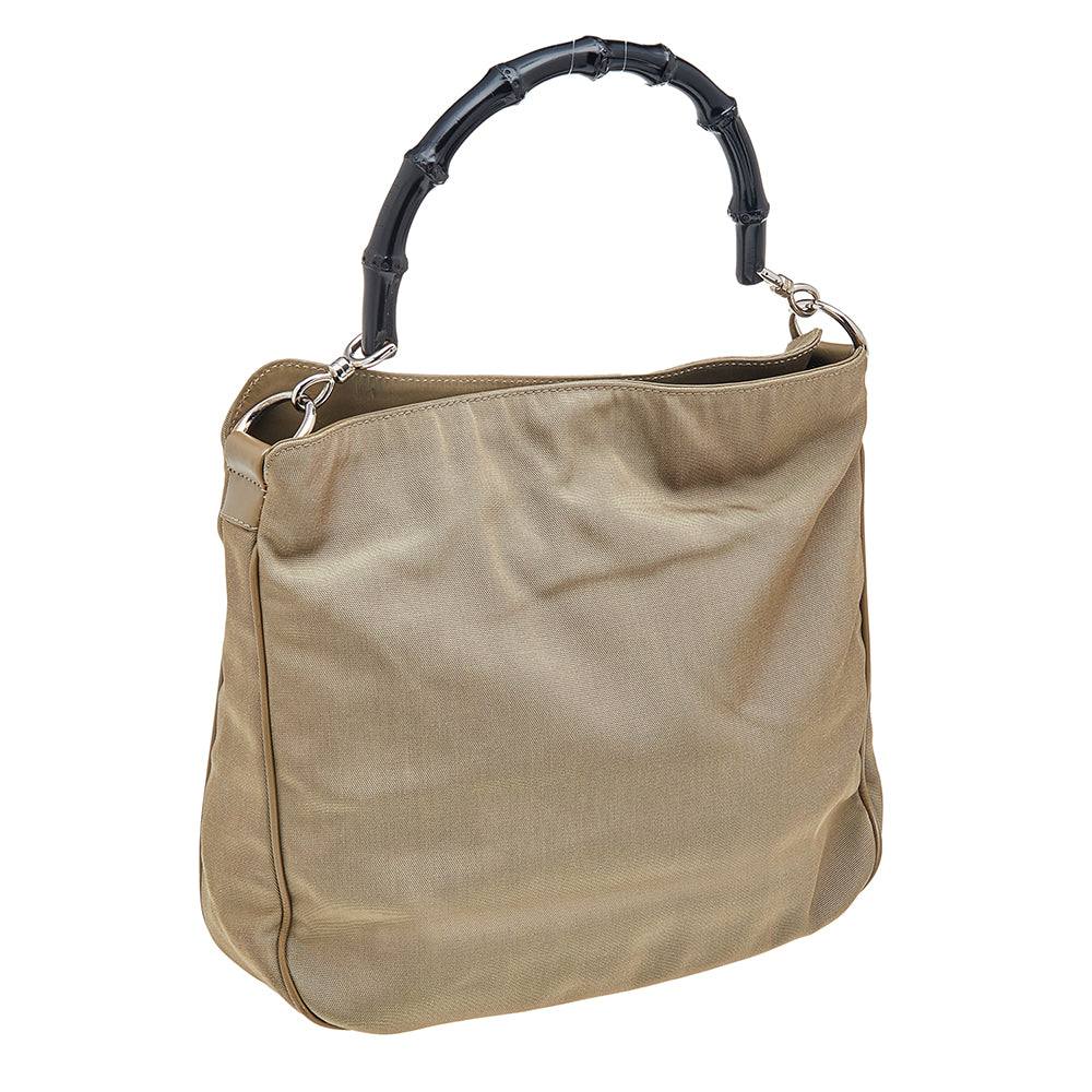 Gucci Khaki Nylon and Leather Bamboo Handle Hobo