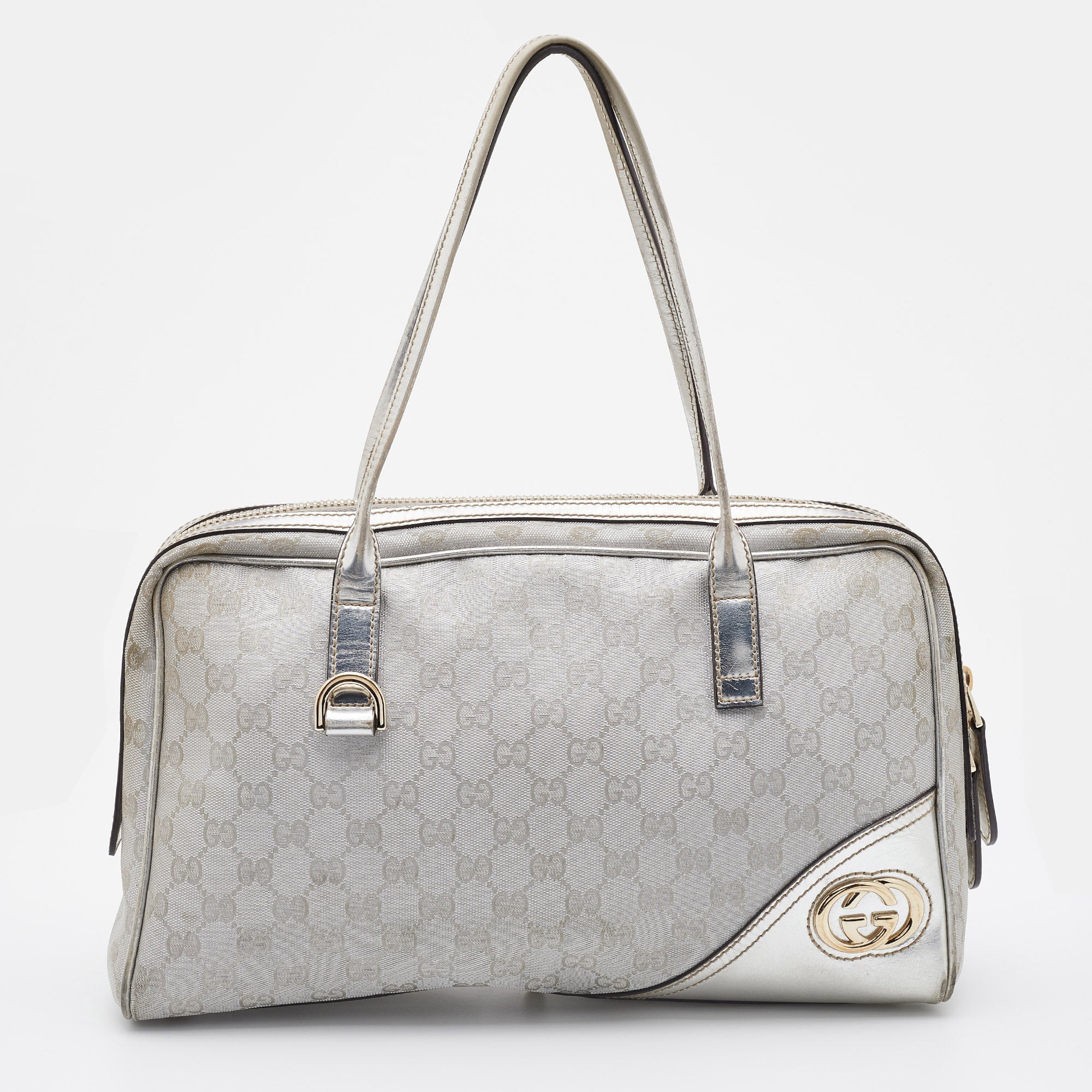 Gucci Silver GG Canvas and Leather New Britt Boston Bag