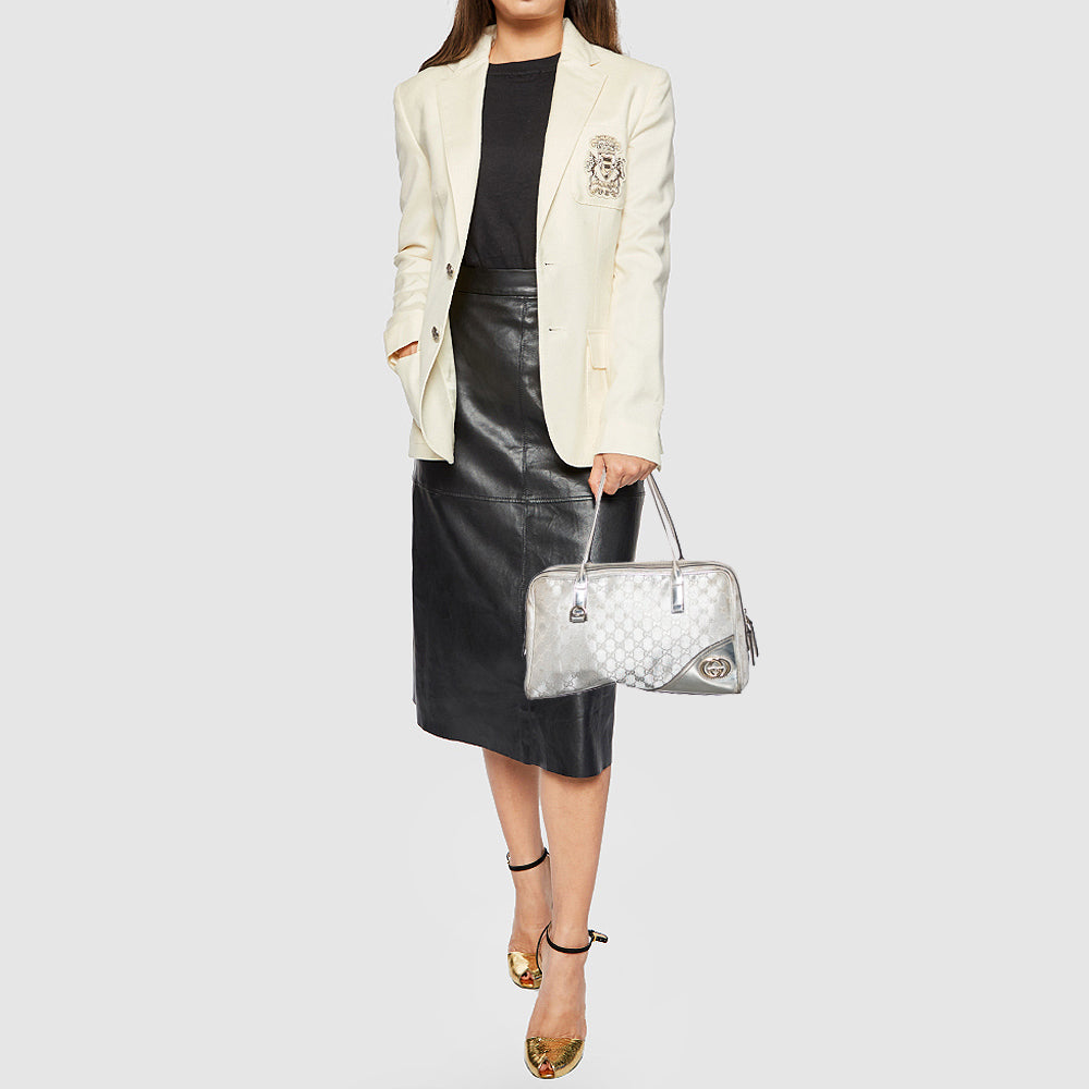 Gucci Silver GG Canvas and Leather New Britt Boston Bag