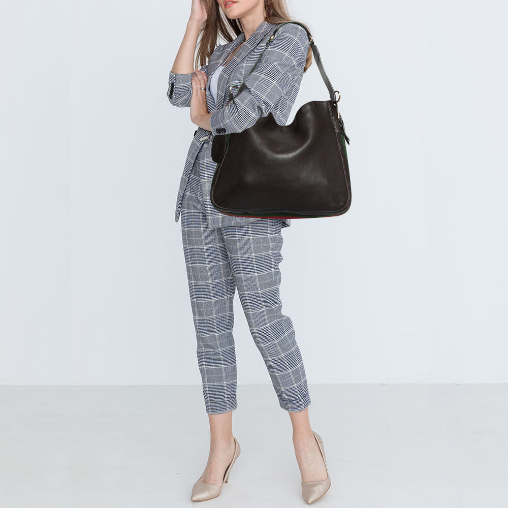 Gucci Dark Brown Leather Web Shoulder Bag