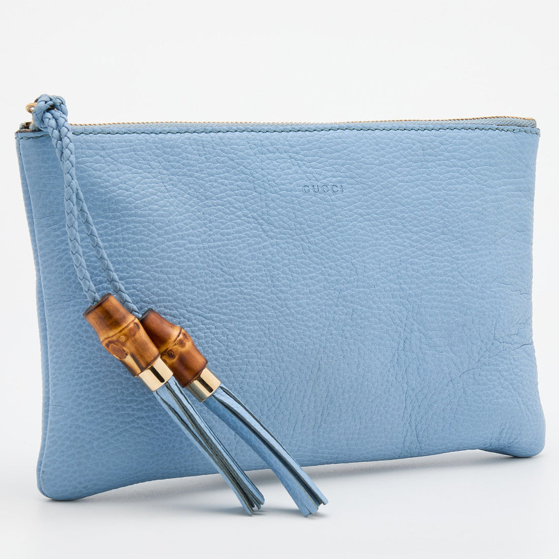 GUCCI Light Blue Leather Bamboo Tassel Clutch