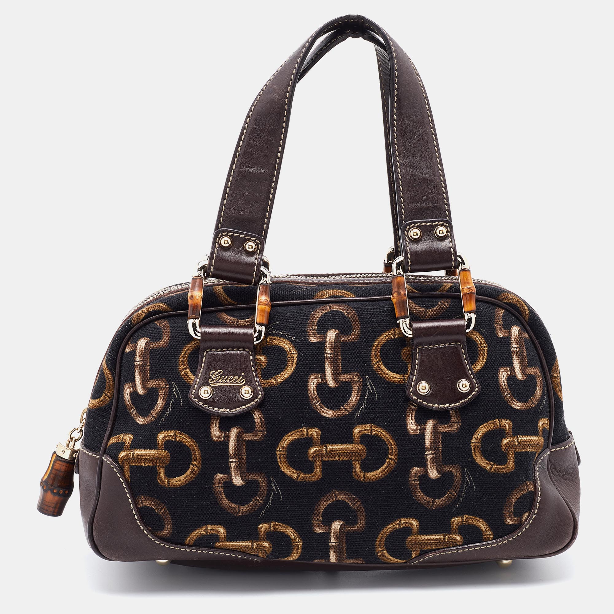 Gucci Brown/Black Horsebit Printed Canvas Bamboo Satchel