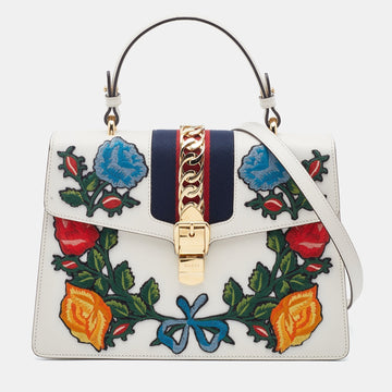 Gucci White Leather Floral Embroidered Medium Sylvie Top Handle Bag