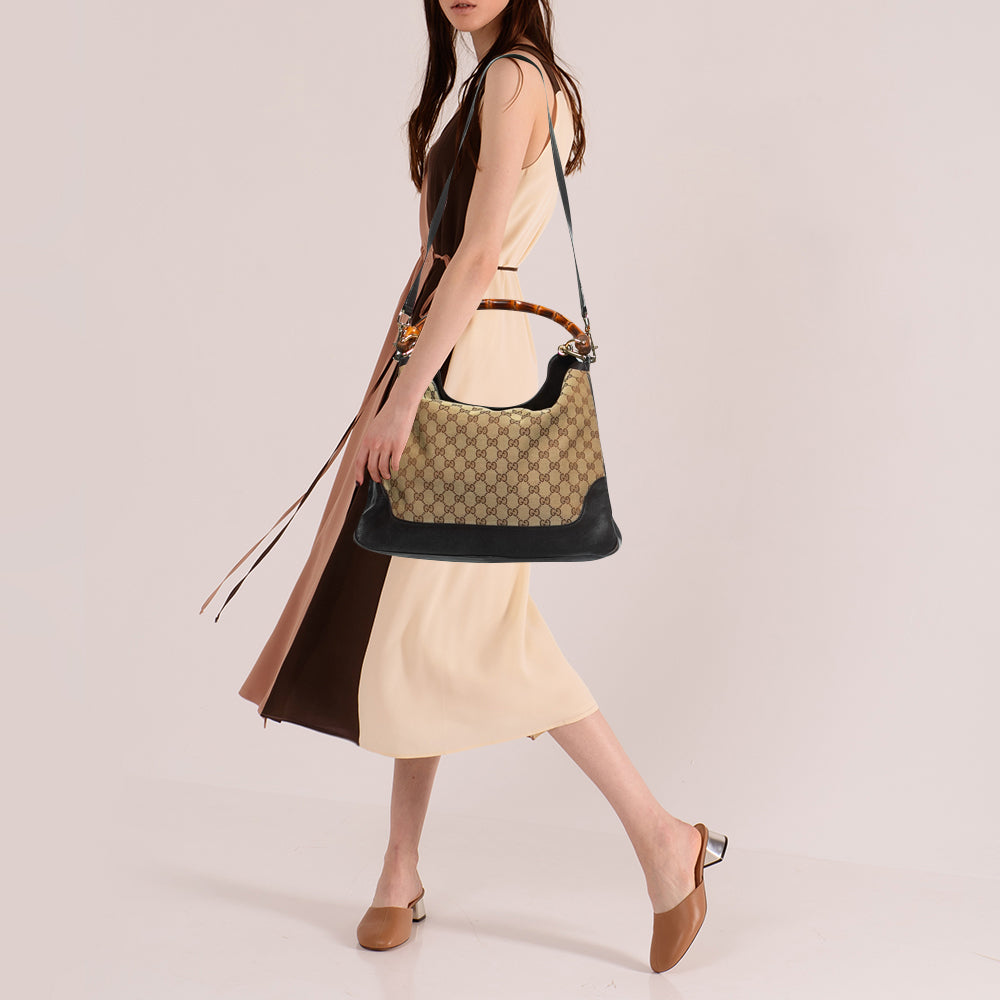 Gucci Beige/Ebony GG Canvas and Leather Bamboo Shoulder Bag