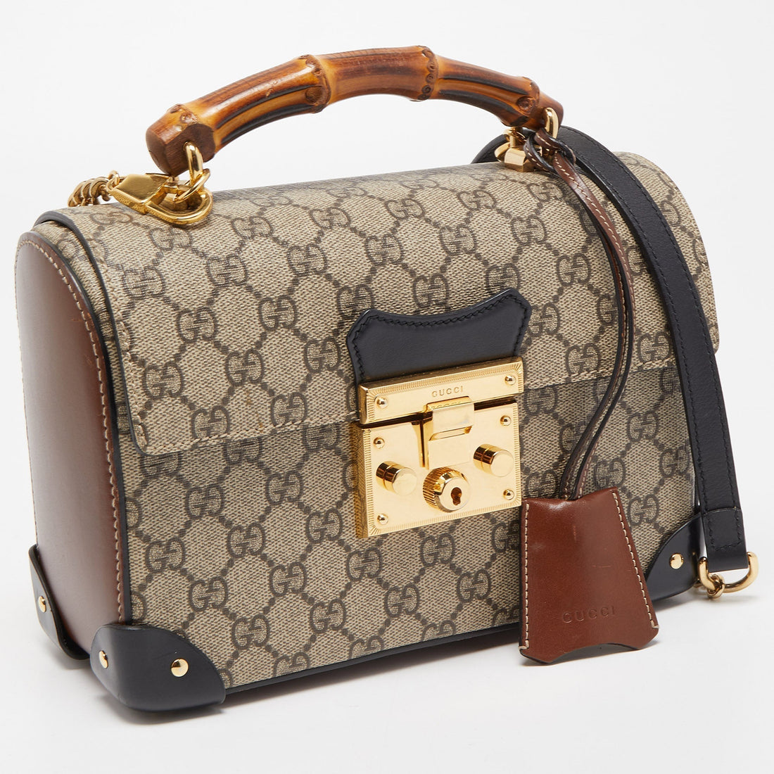 GUCCI Black/Beige GG Supreme Canvas Small Padlock Bamboo Top Handle Bag
