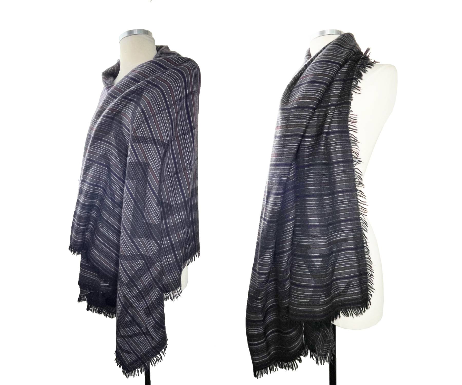 LOUIS VUITTON Dark Grey Stripe Cashmere Wool Shawl Scarf