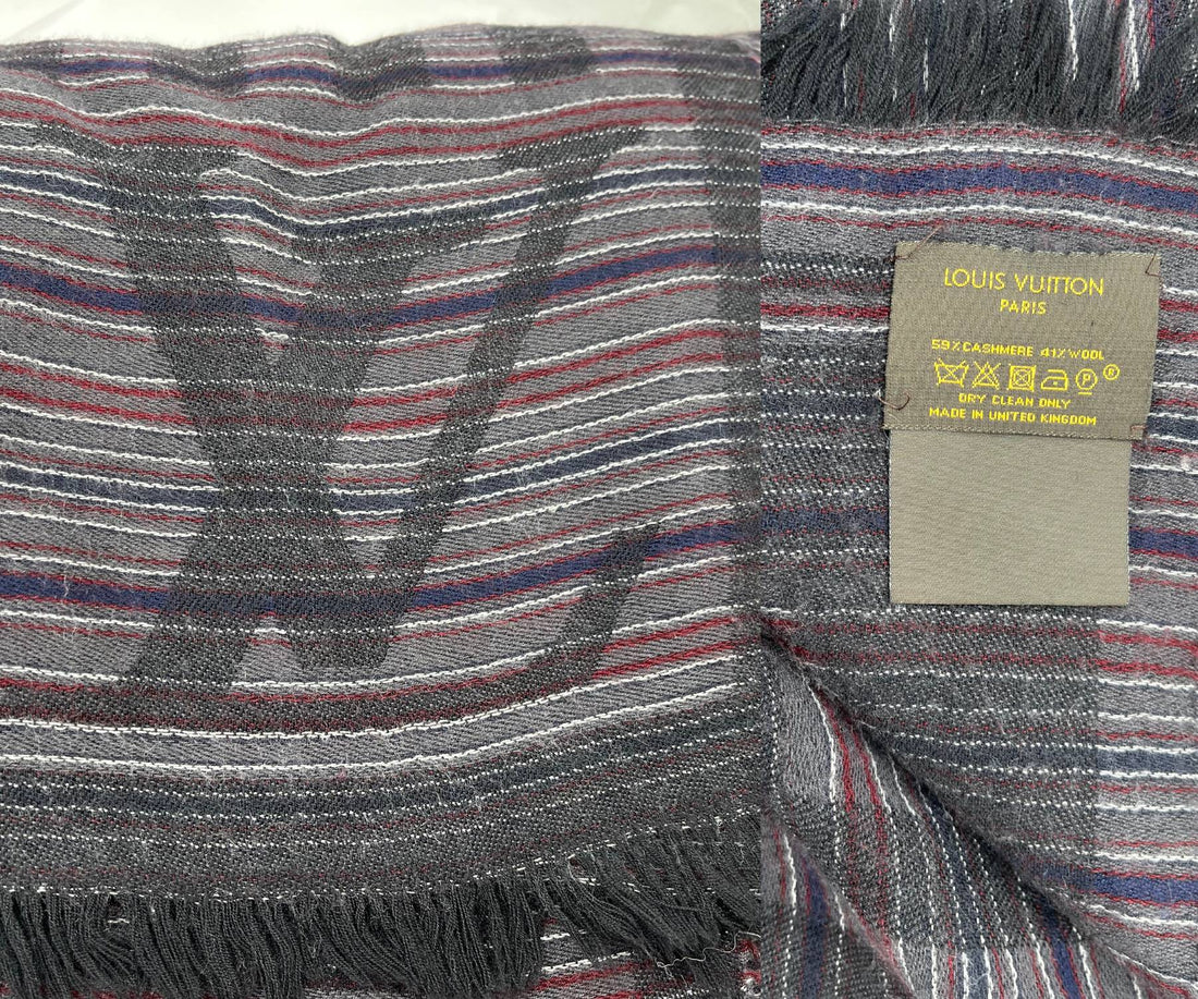 LOUIS VUITTON Dark Grey Stripe Cashmere Wool Shawl Scarf