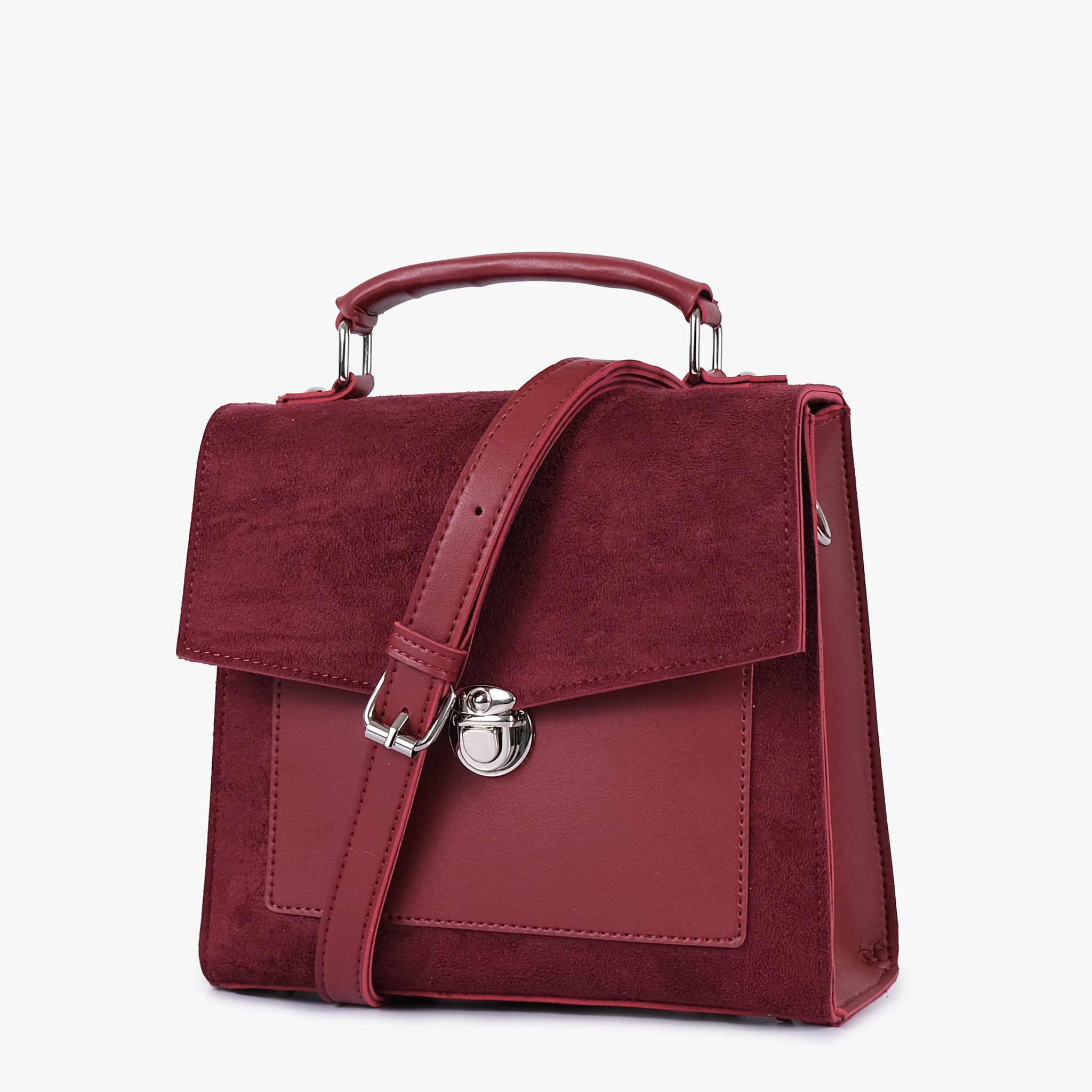 Maroon suede push-lock messenger bag