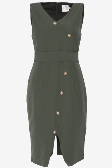 Overlap Pencil Dress with Button Details Green