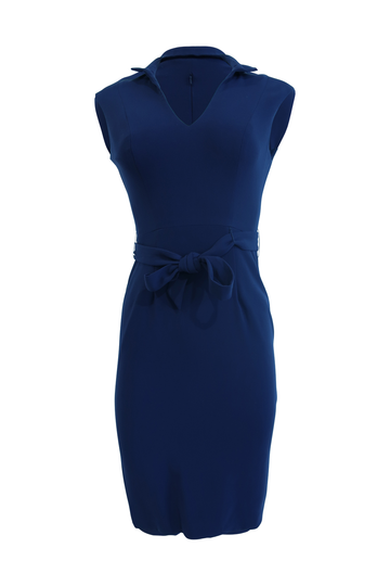 Navy Sleeveless Collared Dress With Belt