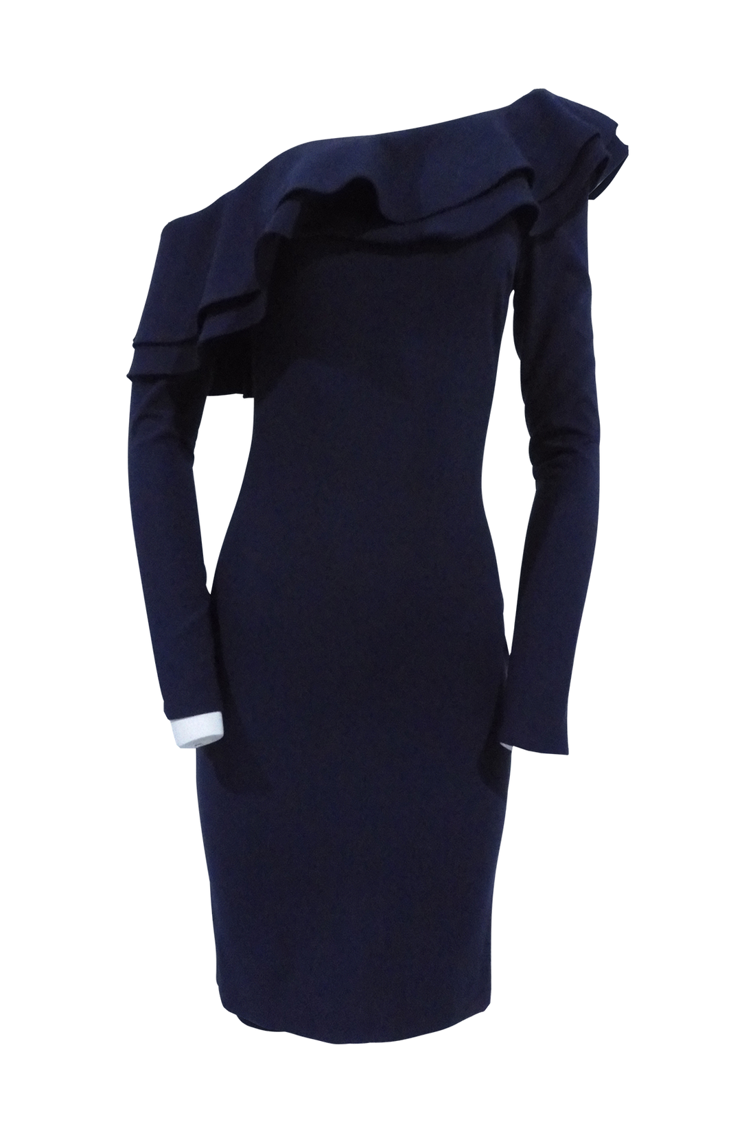 Navy Blue One Shoulder Long Sleeve Ruffle Dress