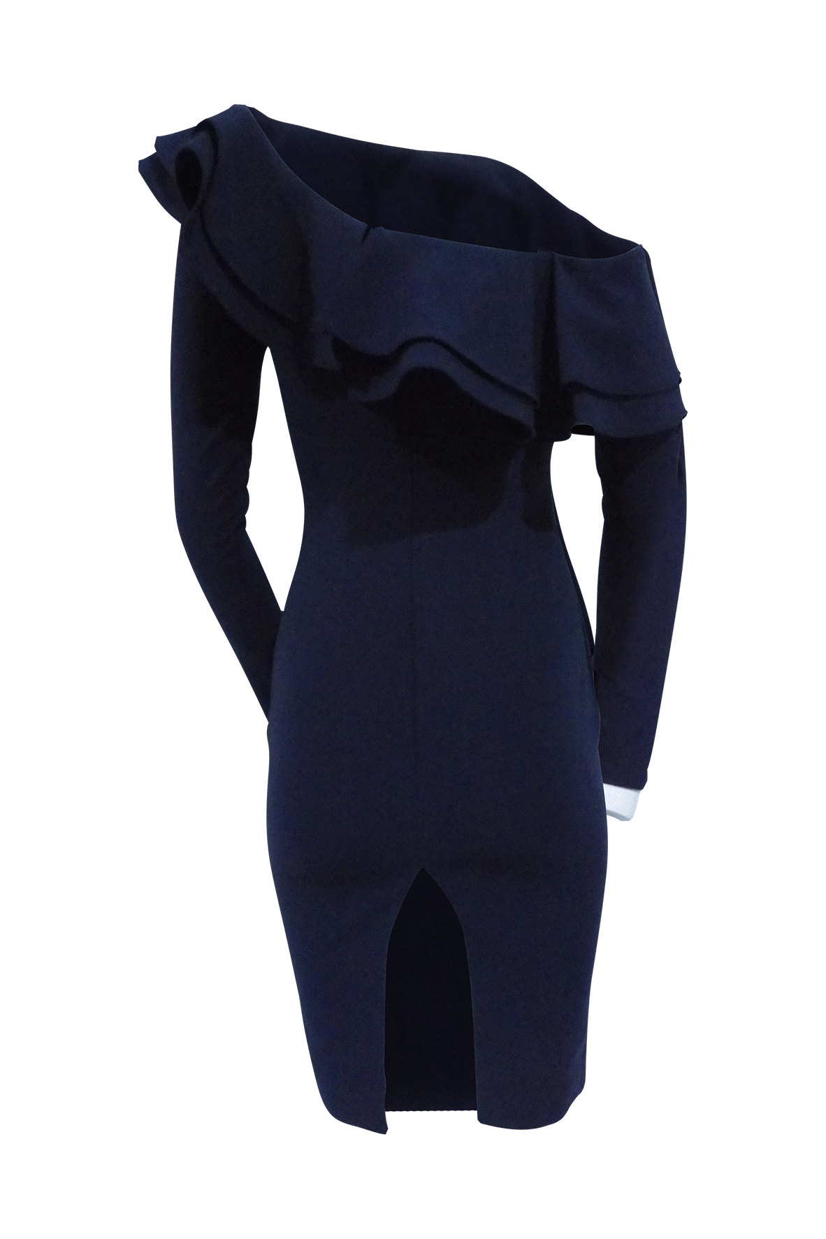 Navy Blue One Shoulder Long Sleeve Ruffle Dress