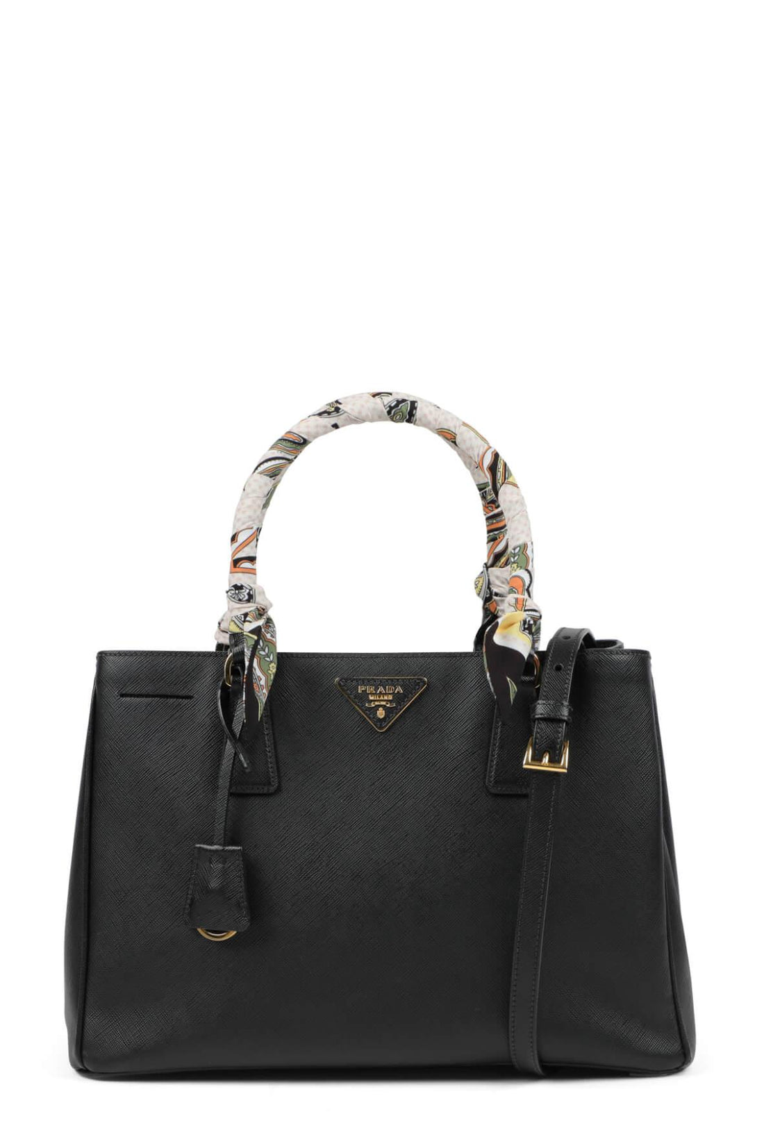 Medium Saffiano Lux Single Zip Tote Black with Handle Wraps