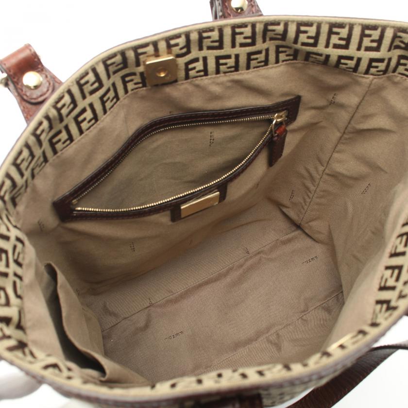 Fendi Zucchino Handbag Tote Bag Canvas Leather Beige Dark Brown 881697