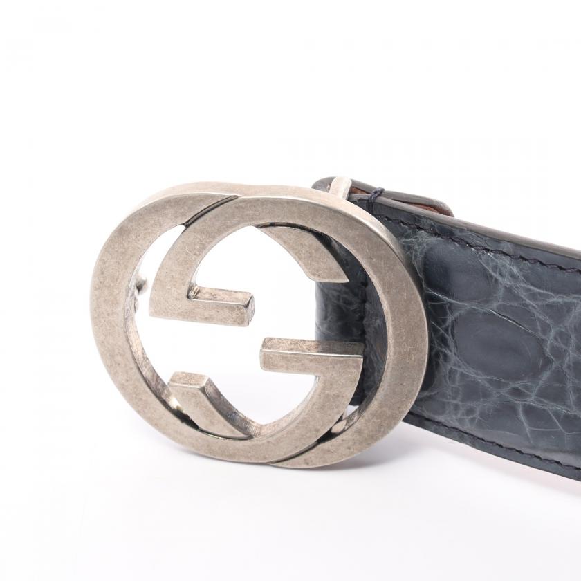 Gucci Interlocking G Belt Leather Navy Croc Embossed 885063