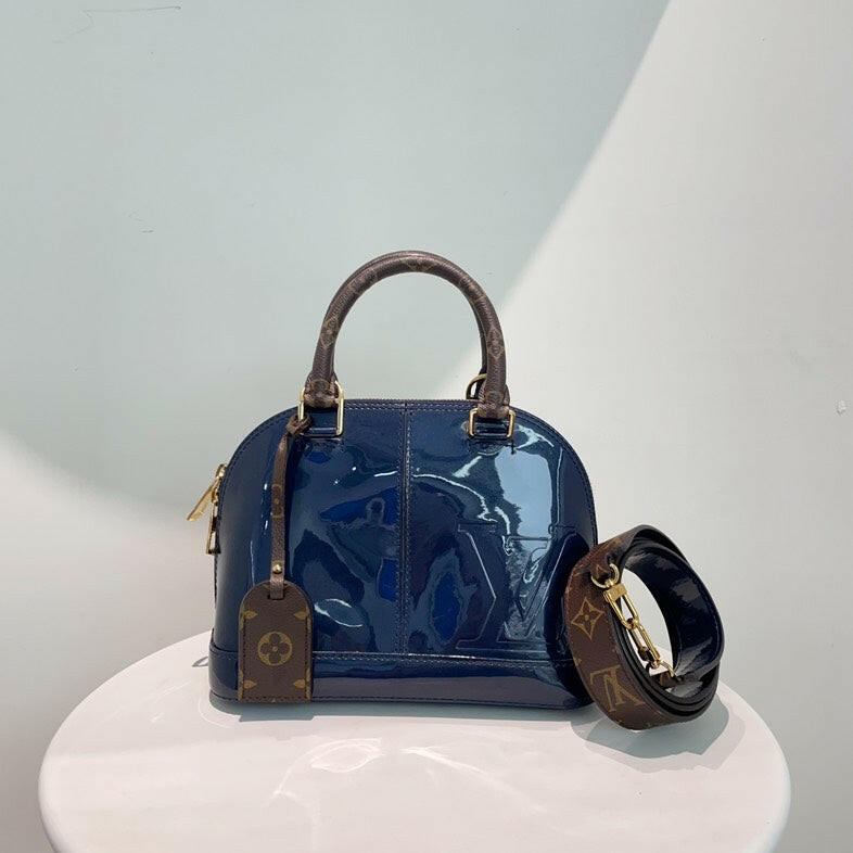 Louis Vuitton Alma Bag in Patent Navy Blue with Monogram Handles and Strap - Medium Size