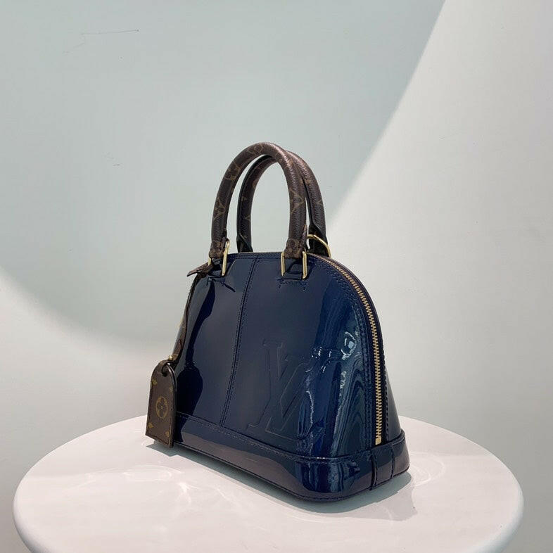 Louis Vuitton Alma Bag in Patent Navy Blue with Monogram Handles and Strap - Medium Size
